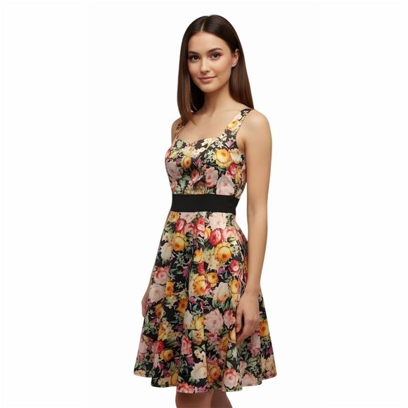 H&R London Women's Floral Fit & Flare Dress M Retro 50s Style Multicolor - Picture 2 of 7